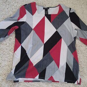 Alfred Dunner Studio Top M Geometric Print 3/4 Sleeve Cotton Stretch Blouse